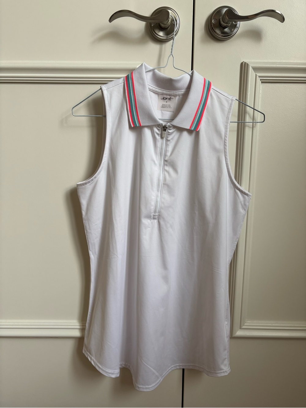 Jofit White Golf Polo Tank with Pink & Teal Collar Stripes